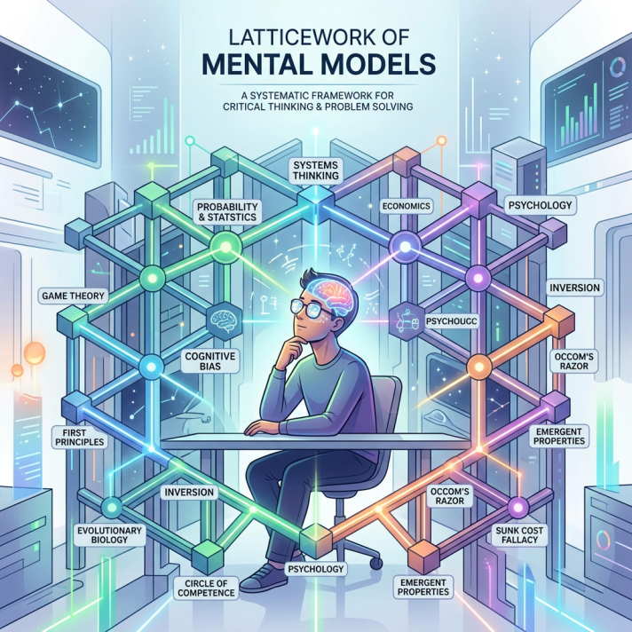Person thinking inside a 3D lattice labeled with mental models like systems thinking, economics, psychology, and cognitive bias